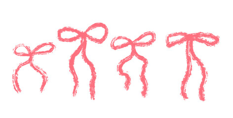 Red paintbrush drawing bows. Crayon coquette ribbons collection for gift decoration. Vector illustration.