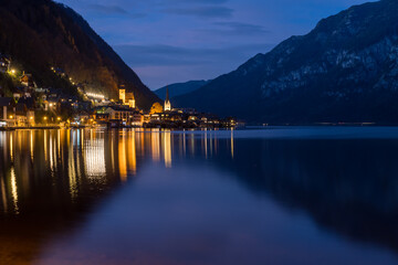 Nighttime serenity in the illuminated village of Hallstatt
