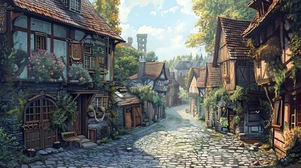 A cartoon-style image of a cobblestone street in a medieval village.