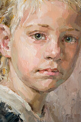 Cute beautiful girl holding her hair. Fragment of oil painting on canvas. .Portrait of a child with brown eyes and blond hair.