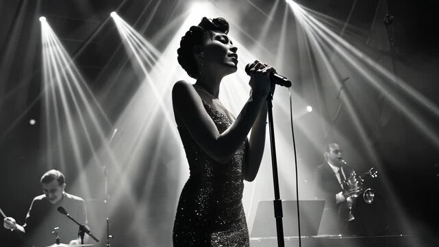 An elegant black jazz singer in evening gown holding a microphone, performing on stage with a jazz band. Black and white vintage shot, noir style