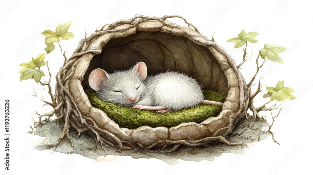 Poster creative illustration of a cute white mouse sleeping in a cozy nest made of roots and moss in a peac