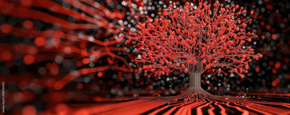 Poster abstract red circuit board tree digital network technology concept art
