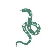 Green decorated snake Chinese New Years symbol. Cny zodiac snake lunar 2025 isolated on white background. Vector hand drawn flat illustration