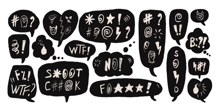 Speech bubbles with swear words. Curse crayon doodle text. Negative expression on chat dialog c;ouds. Aggressive swearwords isolated on white background. Vector hand drawn illustration