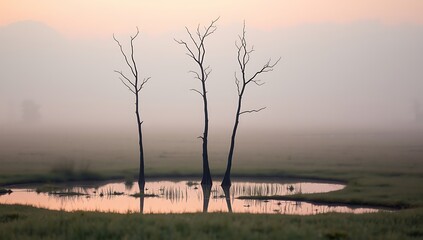 Three dead trees reflected in a misty pond at sunrise.