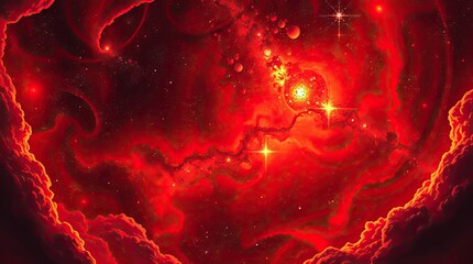 Panoramic space scene. Intense dramatic lighting illuminates a galaxy filled with stars and nebulae. between reds, oranges