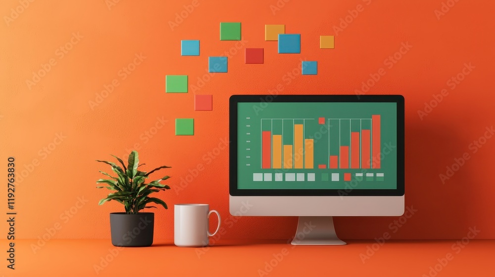 Poster modern workspace with bar chart on desktop screen orange background and colorful sticky notes