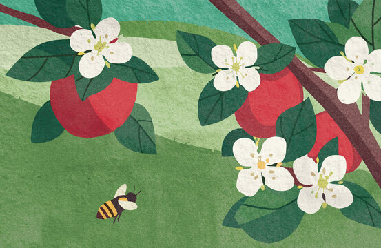 Vibrant spring illustration featuring flowers and a buzzing bee.