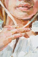 Girl in a straw hat on a blue background. Oil painting on canvas.