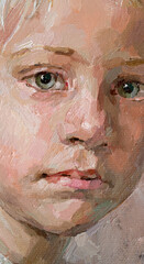 Cute beautiful girl holding her hair. Fragment of oil painting on canvas. .Portrait of a child with brown eyes and blond hair.