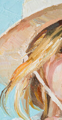 Girl in a straw hat on a blue background. Oil painting on canvas.