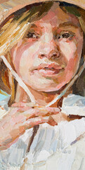 Girl in a straw hat on a blue background. Oil painting on canvas.