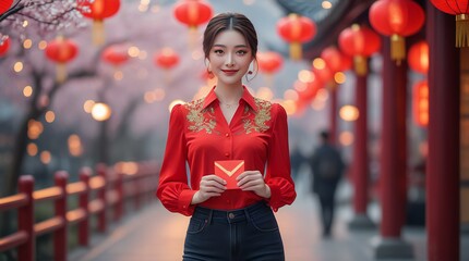 Fototapeta premium Elegant Woman in Traditional Red Cheongsam Celebrating Lunar New Year