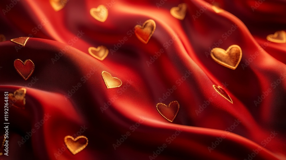 Poster luxurious red fabric with golden heart patterns in soft folds