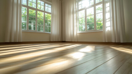 Sunlit hardwood floor in a bright room with large windows, showcasing natural light and peaceful ambiance, ideal for real estate or interior design