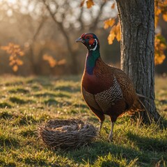 Fototapeta premium A pheasant in a meadow with its nest during a crisp autumn morning.