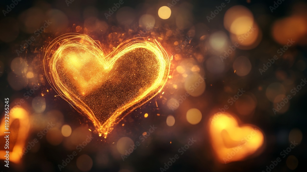 Poster glowing heart-shaped light with sparkling bokeh effect on dark background