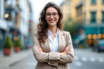 Young happy pretty smiling professional business woman, happy confident positive female entrepreneur standing outdoor on street arms crossed, looking at camera
