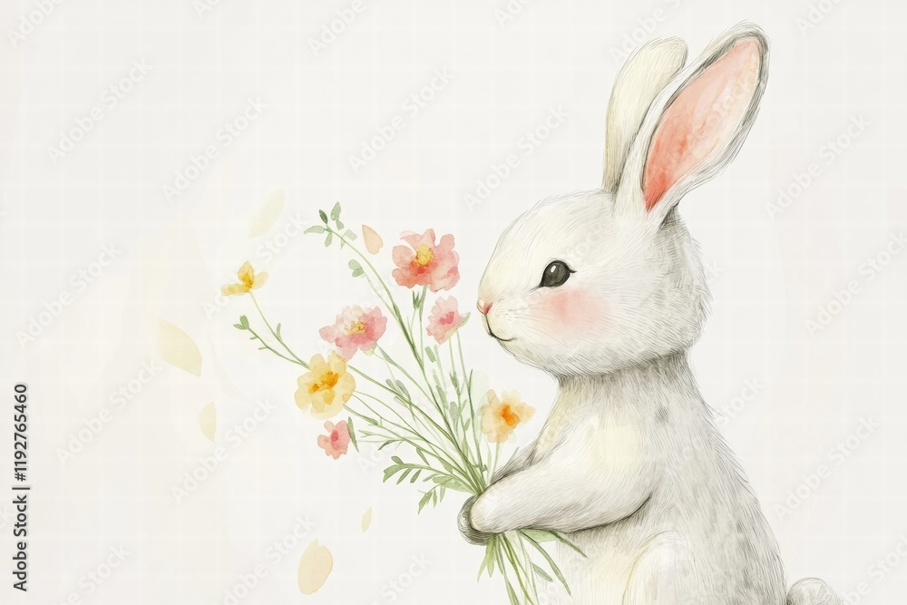 Poster Cute rabbit holding a bouquet of colorful flowers in a serene and whimsical setting during springtime. Generative AI