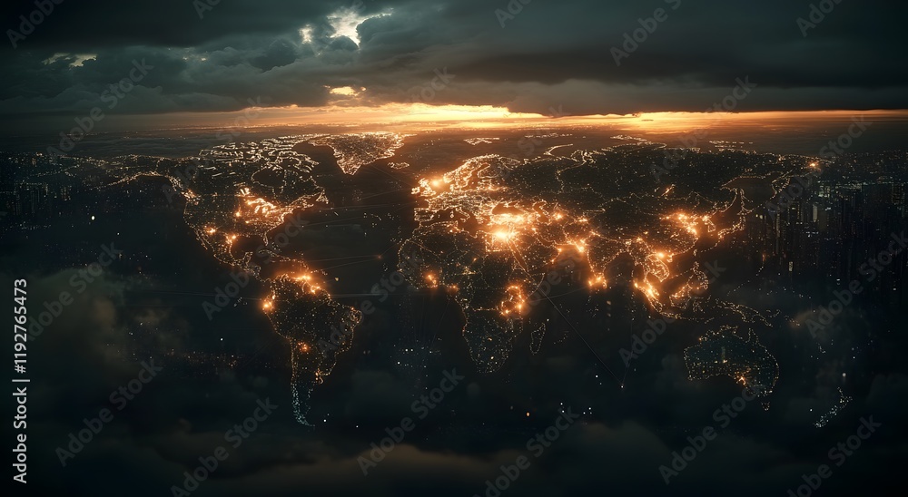 Poster an illuminated map that represents the world's communication network and gives a sense of illuminate
