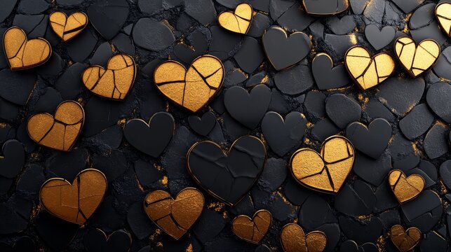 Golden and black heart pattern on textured surface
