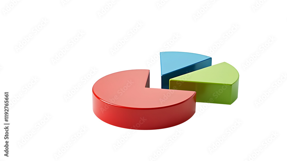 Poster three-part pie chart: a vibrant, three-dimensional pie chart segmented into red, teal, and lime gree