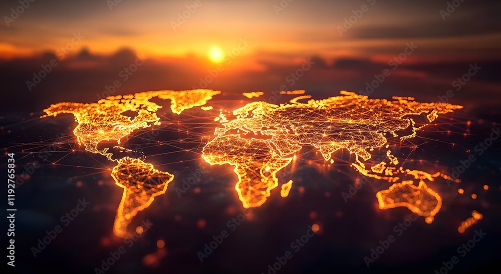 Poster an illuminated map that represents the world's communication network and gives a sense of illuminate
