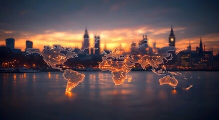 Obraz premium An illuminated map that represents the world's communication network and gives a sense of illuminated connections between cities. It highlights every city in the world connected by illuminated lines. 