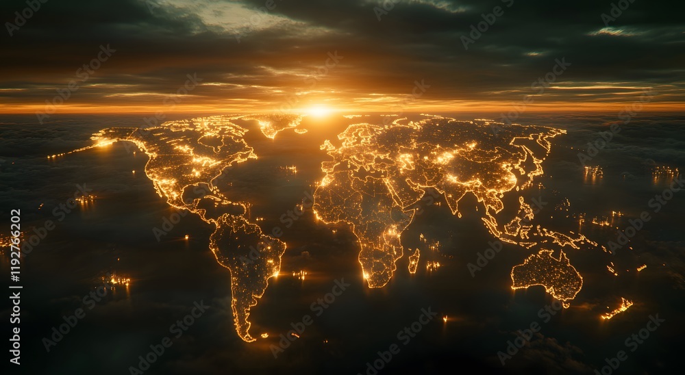 Poster an illuminated map that represents the world's communication network and gives a sense of illuminate