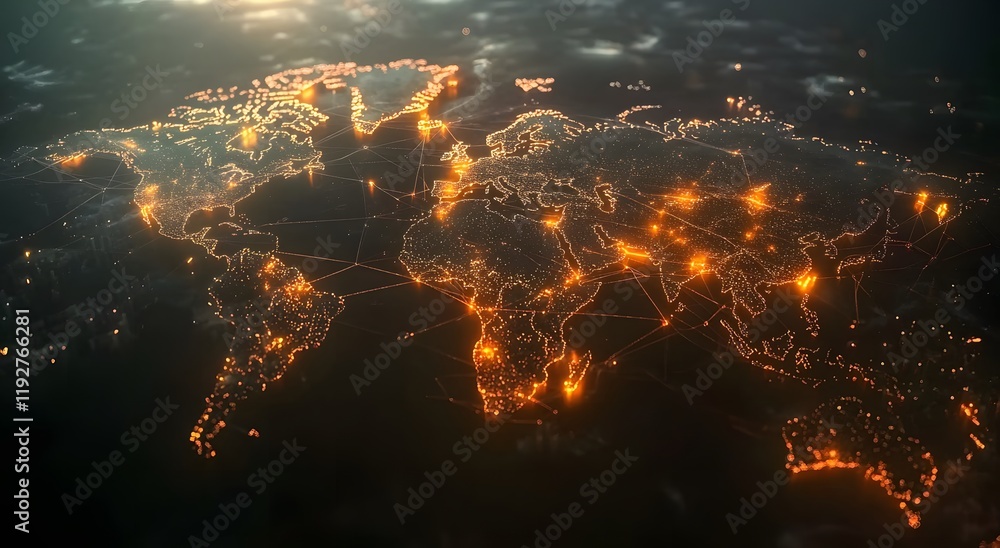 Poster an illuminated map that represents the world's communication network and gives a sense of illuminate