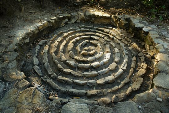 Ancient mayan circular stone structure forming a spiral pattern at the uxmal archeological site in yucatan, mexico