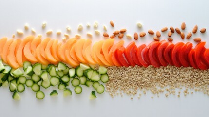 Fresh vegetables, nuts, and seeds arranged artistically on a plain white or neutral surface.