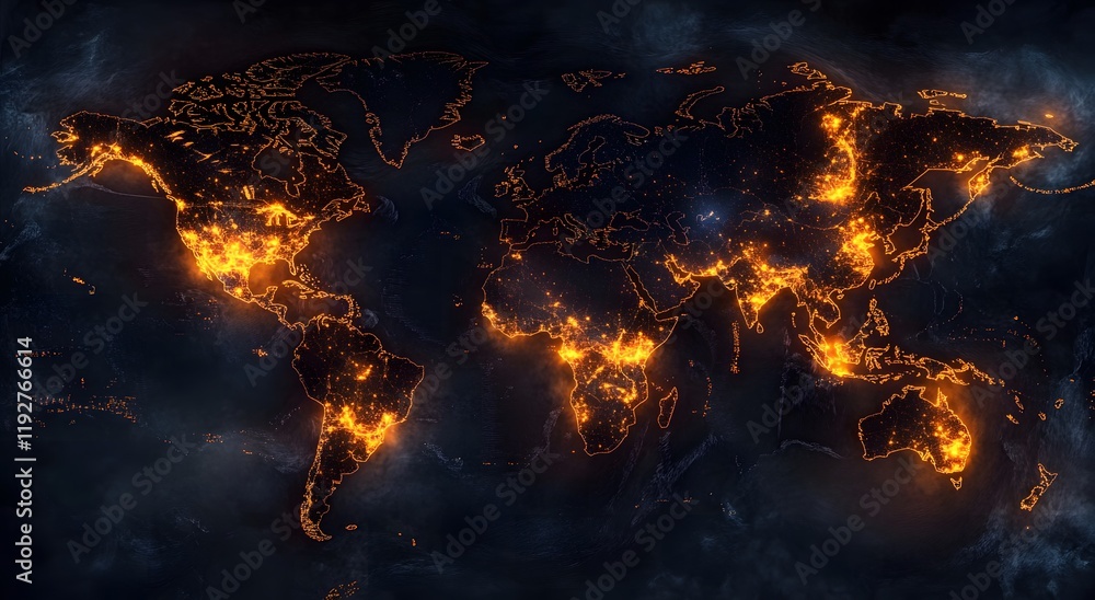 Poster an illuminated map that represents the world's communication network and gives a sense of illuminate