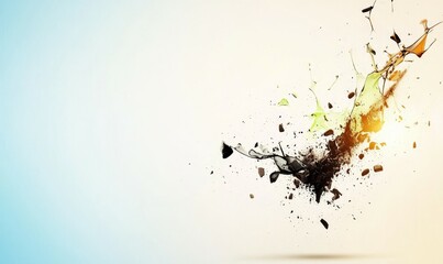 Lightning and Coffee concept. Explosion of colors and particles against a light background, creating a dynamic visual effect.