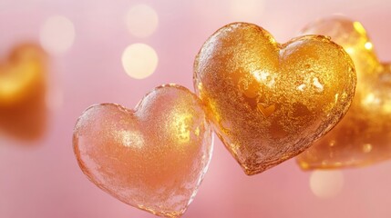 Fototapeta premium Golden and pink hearts sparkling with bokeh in romantic setting