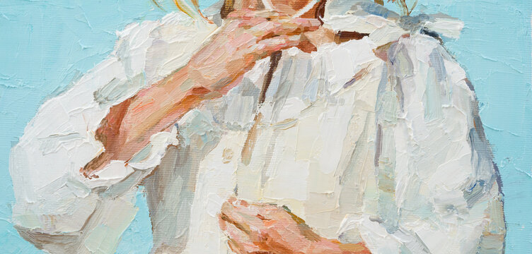 Girl in a straw hat on a blue background. Oil painting on canvas.