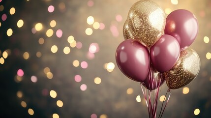 Glamorous Valentine Day concept featuring metallic pink and gold balloons with confetti accents against a glowing background.
