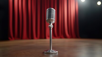 Vintage microphone on stage with red curtain background