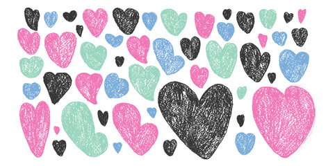 Hearts set. Crayon romantic elements. Love signs grunge preppy pastel colors icons. Textured vector charity or kind symbols shapes drawn by charcoal or pencil illustration isolated on white background
