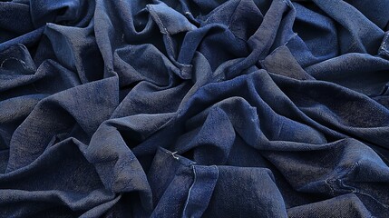 Fototapeta premium Close-up view of crumpled dark blue fabric showcasing texture and folds, suitable for textile design