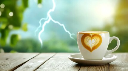 Lightning and Coffee concept. A coffee cup with a heart design, set against a bright, stormy background.