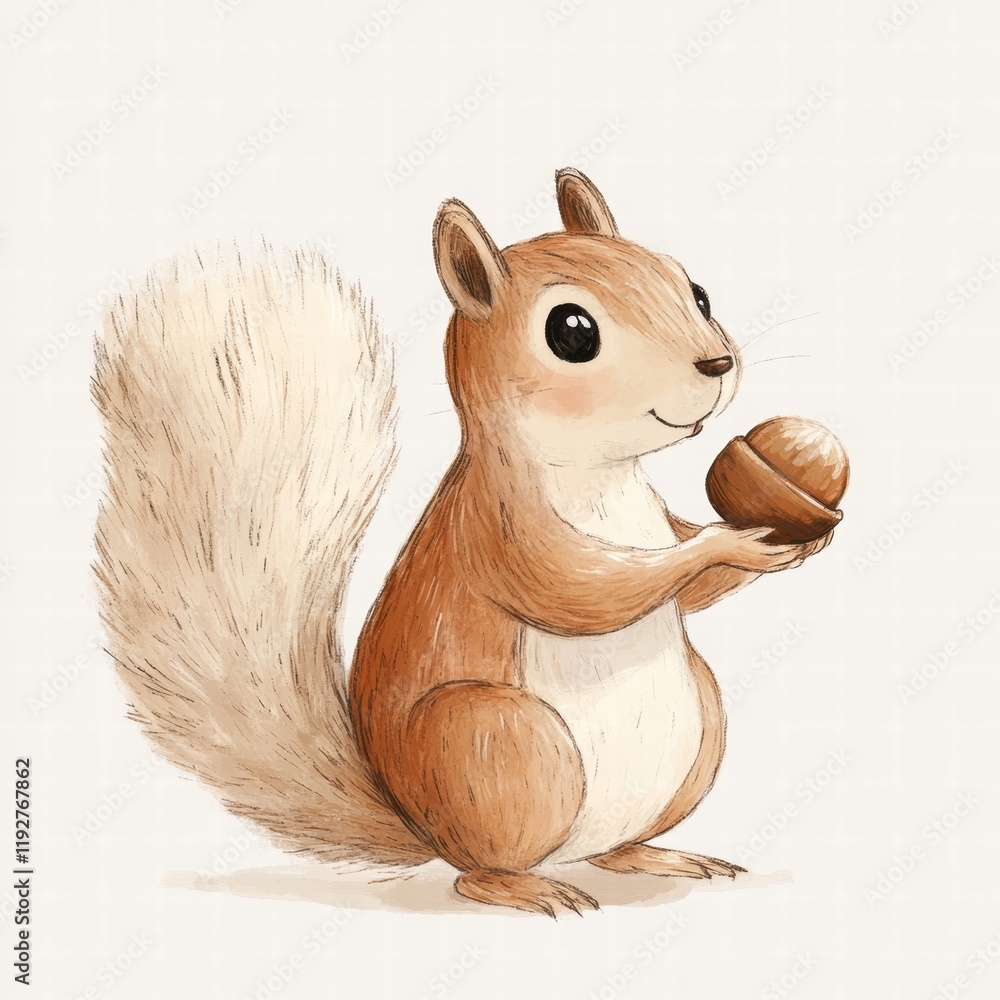 Poster cute cartoon squirrel holding an acorn in a whimsical forest setting during fall season. generative 