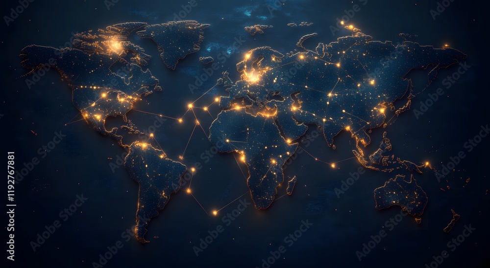 Poster an illuminated map that represents the world's communication network and gives a sense of illuminate