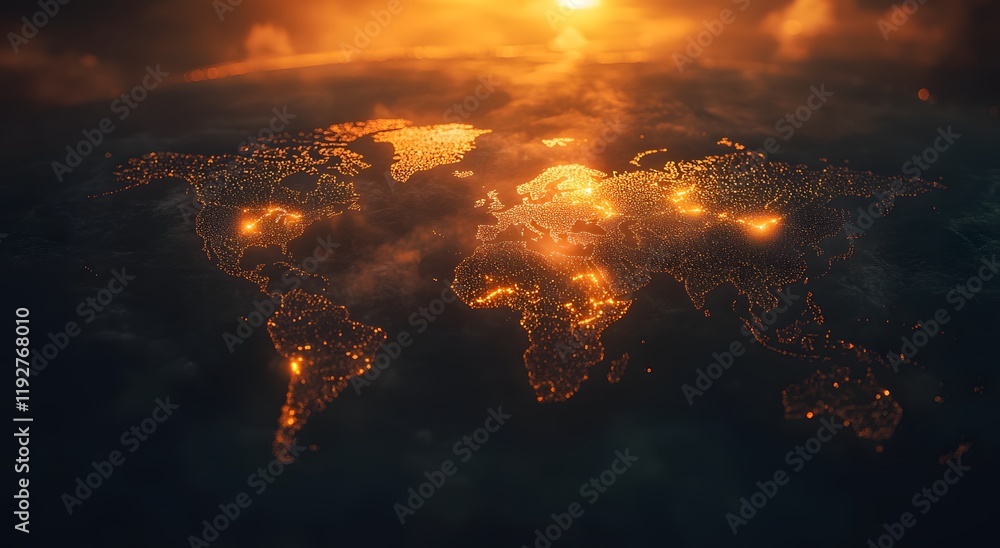 Poster an illuminated map that represents the world's communication network and gives a sense of illuminate