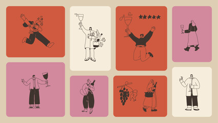 Wine drink people on bento grid box background. Tasting event on modular mosaic grid. Party with alcohol drinks. Women and men with wineglasses visit a vineyard. Geometric vector doodle illustration.