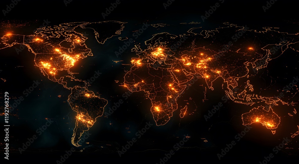 Poster an illuminated map that represents the world's communication network and gives a sense of illuminate