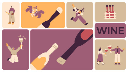 Wine drink people on bento grid box background. Tasting event on modular mosaic grid. Party with alcohol drinks. Women and men with wineglasses visit a vineyard. Geometric vector flat illustration.