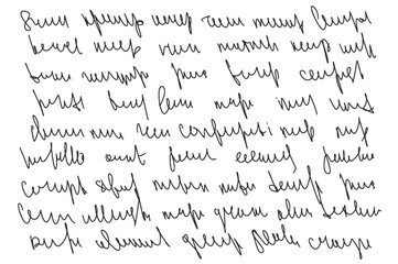 Handwritten scribble ink letter. Freehand text note. Unreadable doodle write by pencil isolated on white background. Illegible cursive script message. Vector hand drawn illustration.