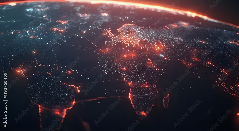 Poster an illuminated map that represents the world's communication network and gives a sense of illuminate